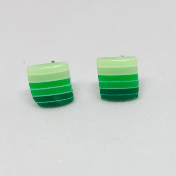 Green Striped Minimalist Repurposed Stud Earrings - Picture 5 of 16